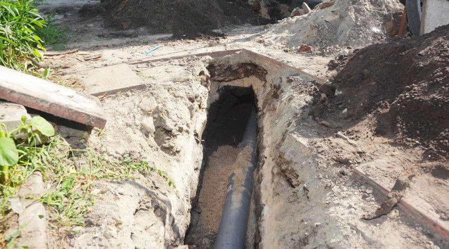 Excavated trench with underground pipe installation by Hancock & Son Plumbing, surrounded by soil and construction materials.