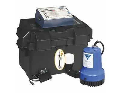 Battery-operated backup sump pump system with a blue pump and black storage box, illustrating essential components for flood prevention in homes.