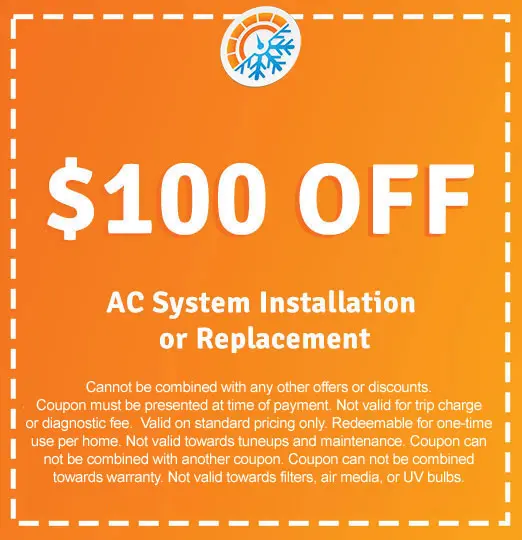 $100 off coupon for AC system installation or replacement with terms and conditions highlighted, promoting AirLux Heating & Cooling's HVAC services.