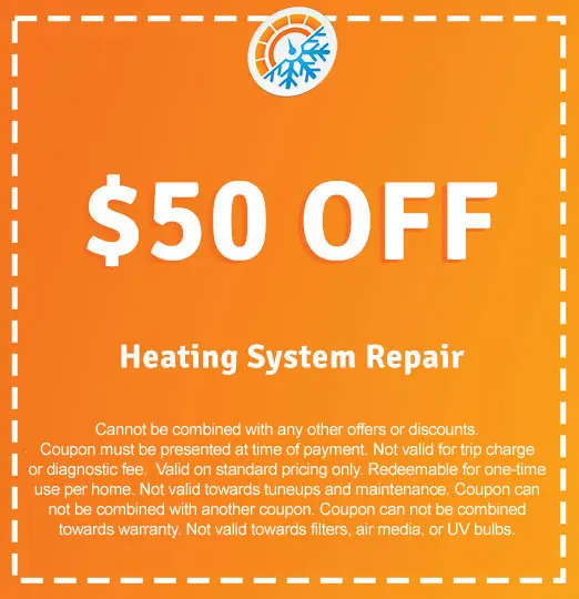 $50 off coupon for heating system repair from AirLux Heating & Cooling, featuring promotional details and restrictions.