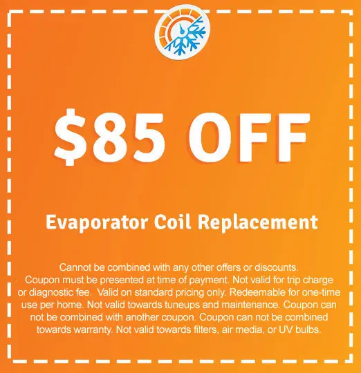 $85 off coupon for evaporator coil replacement, promotional offer from AirLux Heating & Cooling, highlighting savings on HVAC services.