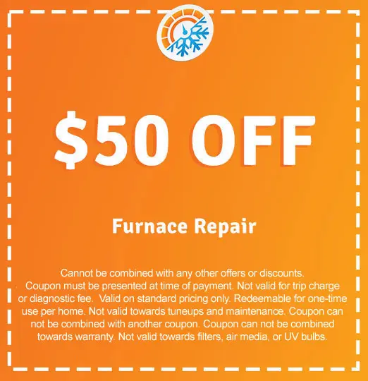 $50 off coupon for furnace repair services from AirLux Heating & Cooling, featuring promotional details and terms.