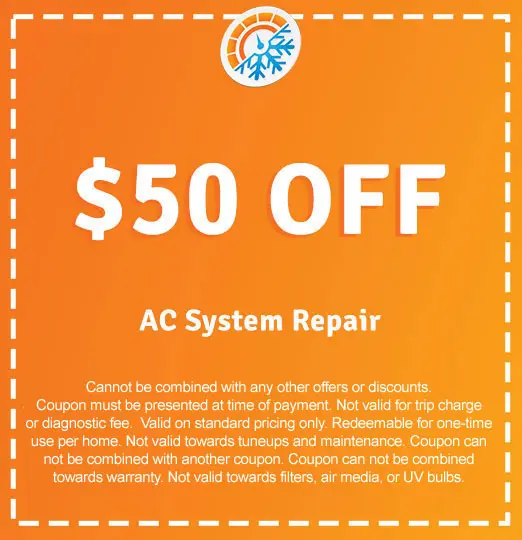 $50 off coupon for AC system repair, featuring promotional offer details and conditions, aligned with AirLux Heating & Cooling's HVAC services.