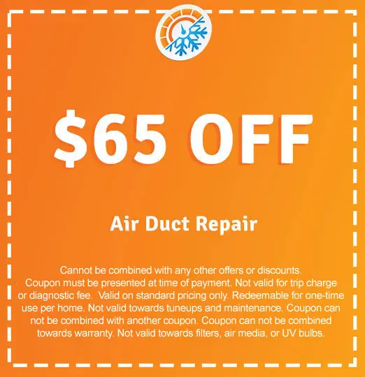 $65 off coupon for air duct repair services from AirLux Heating & Cooling, featuring promotional details and restrictions.