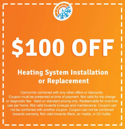 $100 off coupon for heating system installation or replacement, featuring HVAC service promotion from AirLux Heating & Cooling.