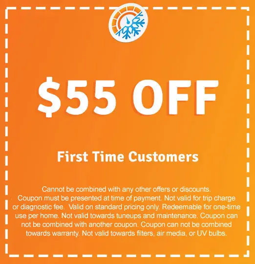 $55 off coupon for first-time customers of AirLux Heating & Cooling, featuring HVAC service promotion and terms for use.