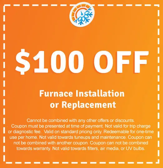 $100 off coupon for furnace installation or replacement, featuring terms and conditions for AirLux Heating & Cooling services.