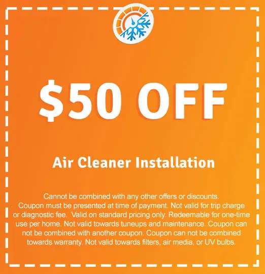 $50 off coupon for air cleaner installation, featuring promotional details and terms for AirLux Heating & Cooling services.