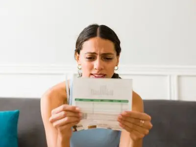 Woman looking concerned while reviewing a high energy bill, illustrating the impact of a malfunctioning thermostat on home energy costs.