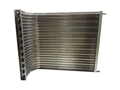 Condenser coil for air conditioning system, showcasing metal fins and tubing, essential for heat release and cooling efficiency.