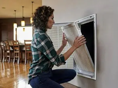 Woman replacing an air filter in a wall-mounted HVAC unit, emphasizing the importance of regular maintenance for improved indoor air quality and health.