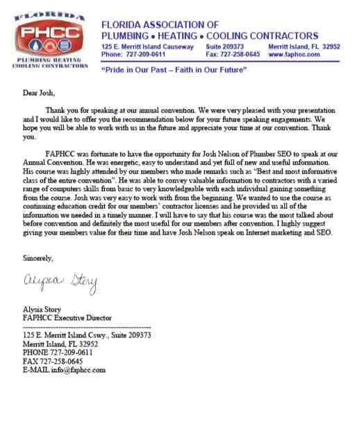 Plumber SEO Letter of Recommendation - PHCC Plumber SEO Letter of Recommendation - PHCC