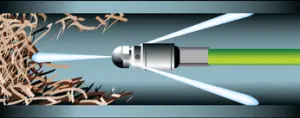 Hydro jetting illustration showing high-pressure water streams clearing debris from pipes, highlighting effective drain cleaning services by The Plumbing Dr.