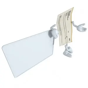 Character holding a blank sign and a service check, symbolizing plumbing service scheduling and maintenance.