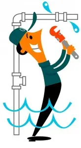Cartoon plumber smiling while using a wrench on a pipe, with water droplets and waves, representing plumbing services related to hidden water leaks.