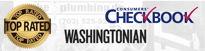 Top-rated badge for The Plumbing Dr, featuring "Top Rated" seal, Consumers' Checkbook, and Washingtonian logos, highlighting quality plumbing services and customer satisfaction.