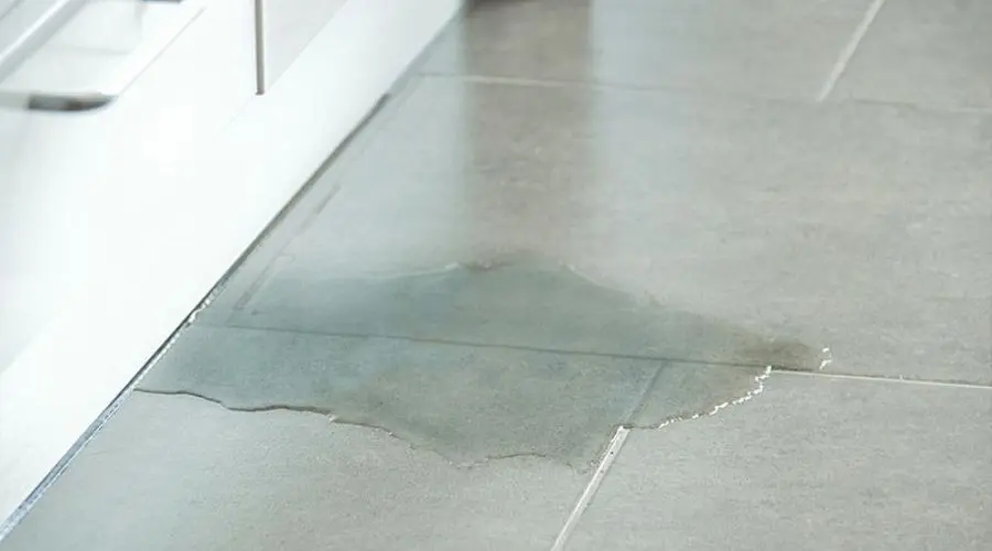 Water pooling on gray tiled floor near cabinetry, indicating potential plumbing issue or leak.