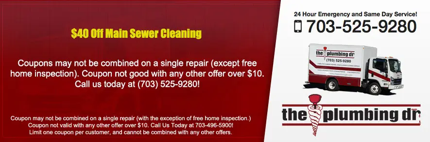 $40 off main sewer cleaning coupon from The Plumbing Dr, featuring contact information and service details, emphasizing plumbing discounts and customer service.