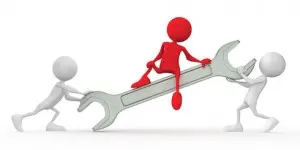 Signs of a gas leak Red figure sitting on a large wrench, flanked by two white figures pulling on either end, symbolizing teamwork in plumbing services for gas leak detection and repair.