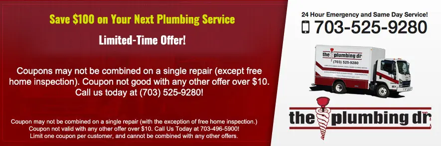 Save $100 on plumbing services, limited-time offer, The Plumbing Dr logo, contact number 703-525-9280, promotional details on coupon use.