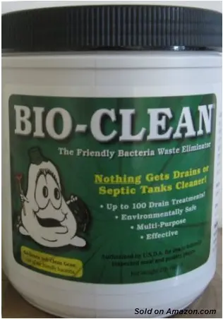 Eco-Friendly Drain Cleaner sold on Amazon.com Eco-friendly drain cleaner labeled "BIO-CLEAN," featuring a cartoon character, emphasizing effectiveness, environmental safety, and multi-purpose use for drain and septic tank maintenance.