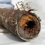 Clogged sewer pipe with visible rust and roots, illustrating a common issue for homeowners experiencing drainage problems, relevant to plumbing services and drain cleaning.