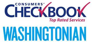 Logos of Consumers' Checkbook and Washingtonian highlighting top-rated plumbing services, relevant to The Plumbing Dr's reputation for quality water softening system installation.