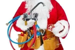 Santa Claus dressed as a plumber, holding plumbing tools and fittings, with colorful hoses and a tool belt, symbolizing festive plumbing solutions.