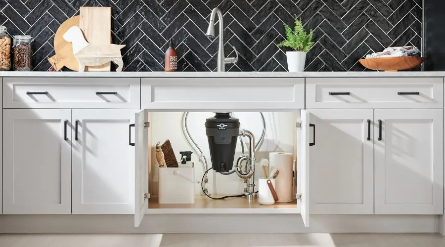 Kitchen sink cabinet with visible garbage disposal unit, organized storage items, and stylish black herringbone backsplash, relevant to plumbing maintenance tips.
