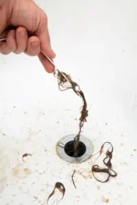A yearly drain cleaning is worth it Hand removing hair and debris from a clogged drain, illustrating the importance of annual drain cleaning and maintenance services for preventing plumbing issues.