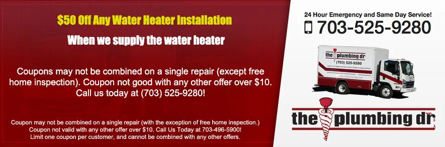 $50 off any water heater installation coupon from The Plumbing Dr, featuring contact information and service details.