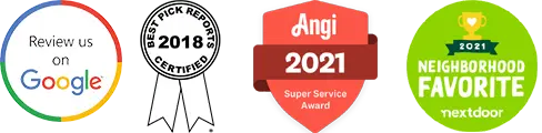 Review badges for The Plumbing Dr, including Google review invitation, Best Pick Reports certification 2018, Angi Super Service Award 2021, and Nextdoor Neighborhood Favorite 2021.