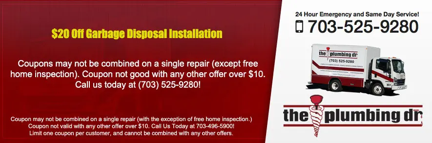 $20 off garbage disposal installation coupon from The Plumbing Dr, featuring contact information and terms for use.