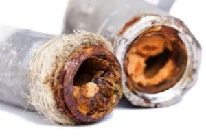 Corroded and rusty water pipes showing severe deterioration, highlighting potential causes of water leaks in plumbing systems.