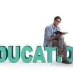 Person reading a book while sitting on large turquoise letters spelling "EDUCATION," symbolizing the importance of education in professional development.