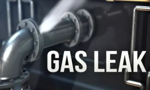 Gas leak warning graphic featuring a metallic pipe with gas escaping and the text "GAS LEAK" prominently displayed, relevant to plumbing safety and gas line leak information.
