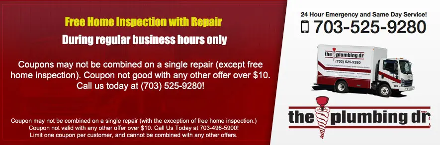 Free home inspection with repair promotion from The Plumbing Dr, featuring contact details and service information, emphasizing emergency plumbing services.