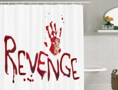 Spooky shower curtain featuring the word "Revenge" in red dripping letters and a bloody handprint, ideal for Halloween bathroom decor.