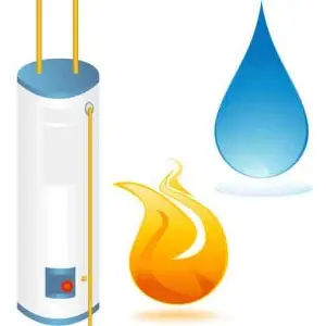 Water heater illustration with a tank, flame symbol, and water droplet, representing water heater options for Arlington homes.