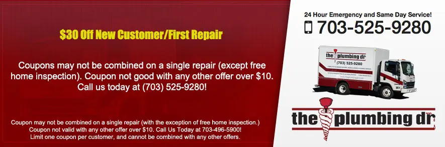 $30 off coupon for new customers and first repair from The Plumbing Dr, featuring contact information and service details.