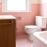 Bathroom with pink tiles, a white toilet, and a bathtub, highlighting potential plumbing issues in older homes.