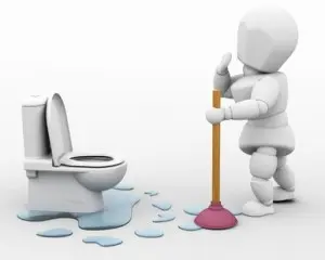 Cartoon figure using a plunger next to a toilet with water on the floor, illustrating a clogged toilet scenario related to plumbing issues.