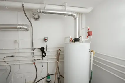 Boiler system with pipes and controls in a residential setting, relevant to plumbing and boiler repair services.
