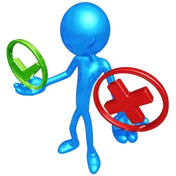 Blue figure holding green checkmark and red cross, representing decision-making between tank and tankless water heaters for informed purchasing choices.