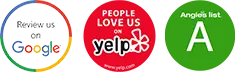 Badges showcasing The Plumbing Dr's positive reviews on Google, Yelp, and Angie's List, emphasizing customer satisfaction and service quality.