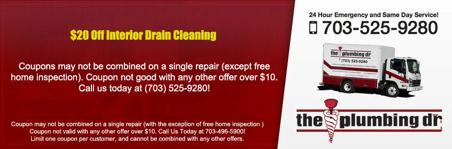 $20 off interior drain cleaning coupon from The Plumbing Dr, featuring truck image, contact number, and terms for use.