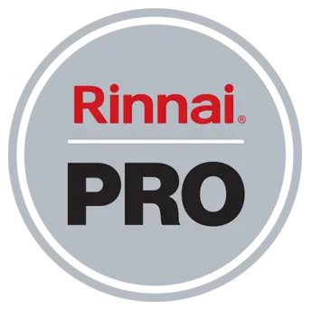 Rinnai PRO circular logo in red and black on a gray background, representing plumbing services by Lodder Brothers Limited.