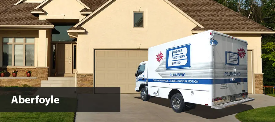Lodder Brothers Limited plumbing service truck parked in front of a residential home in Aberfoyle, showcasing commitment to customer service and quality plumbing solutions.