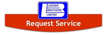 Lodder Brothers Limited logo with "Request Service" button, emphasizing plumbing services for preventing water damage and maintaining sump pumps.