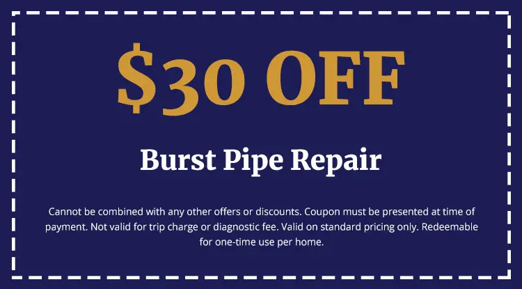 $30 off burst pipe repair coupon from Charles Krull & Son, Inc., promoting plumbing services with terms and conditions.